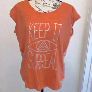 PrAna orange ‘keep it surreal’ womens t shirt see through size medium